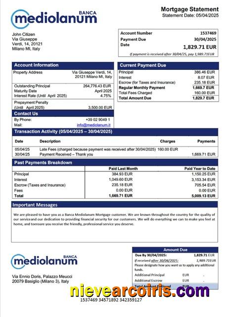 Italy Banca Mediolanum mortgage statement Word and PDF template